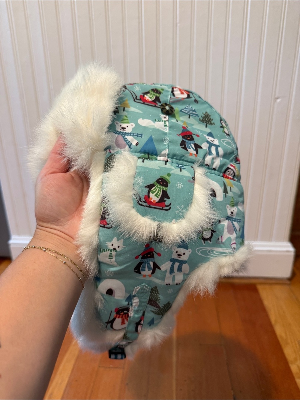 Kids Mint Winter Animal Trapper Hat with Fur Trim